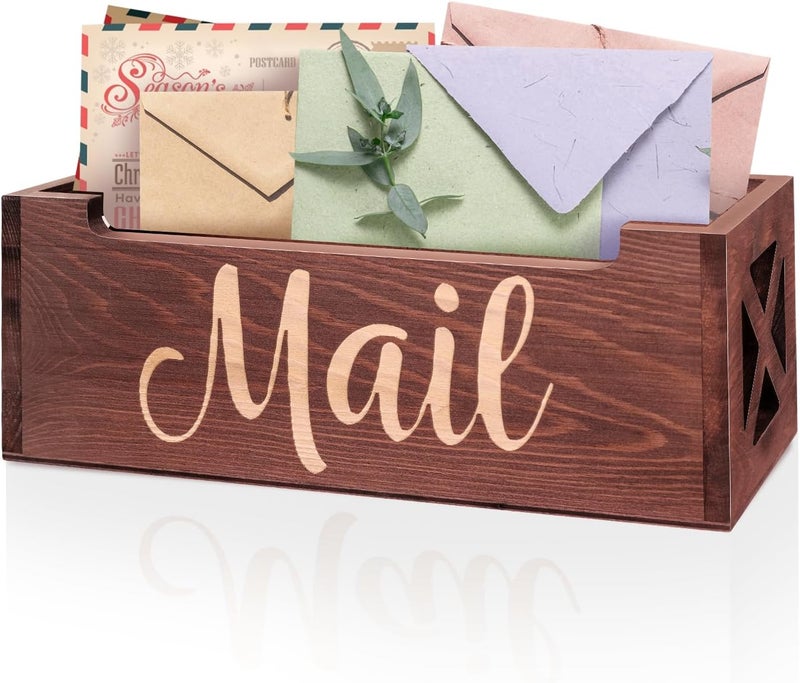 BOTOP Wooden Mail Organizer Mail Holder Countertop, Farmhouse Brown Mail Tray Mail Storage Box for Wall, Rustic Mail Basket Letter Holder for Office Desk - Image 1